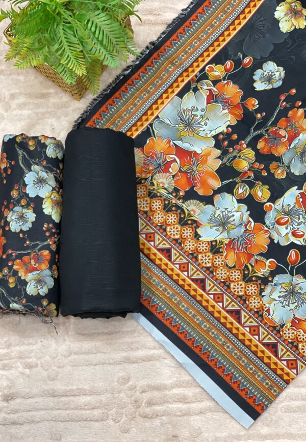 Black Khaddar Unstitched 3-Piece Suit with Multicolor Floral & Digital Dupatta