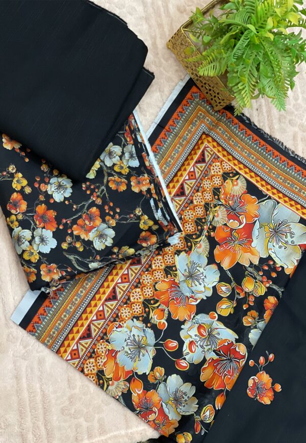 Black Khaddar Unstitched 3-Piece Suit with Multicolor Floral & Digital Dupatta