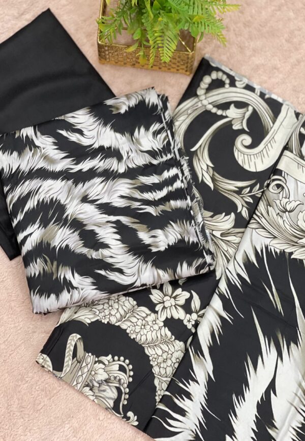 Black & White Zebra Print Lilan Unstitched 3-Piece Suit with Floral Dupatta