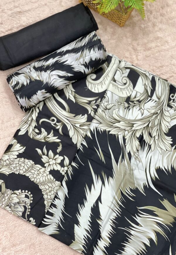 Black & White Zebra Print Lilan Unstitched 3-Piece Suit with Floral Dupatta