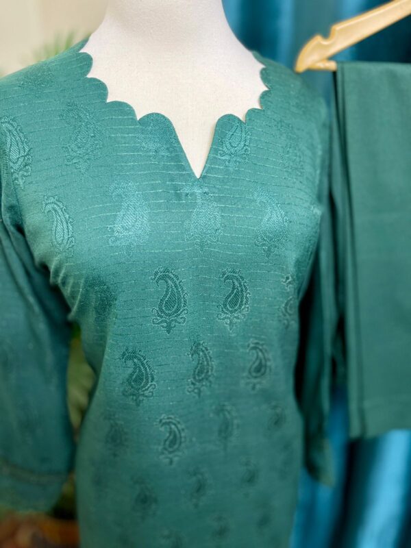 Green Doria Lilan Stitched 2-Piece Winter Suit with Lace Details 1