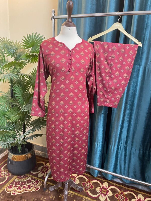 Deep Maroon Doria Lilan Stitched 2-Piece Winter Suit with Butti Print