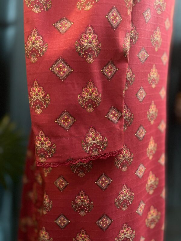 Deep Maroon Doria Lilan Stitched 2-Piece Winter Suit with Butti Print 1