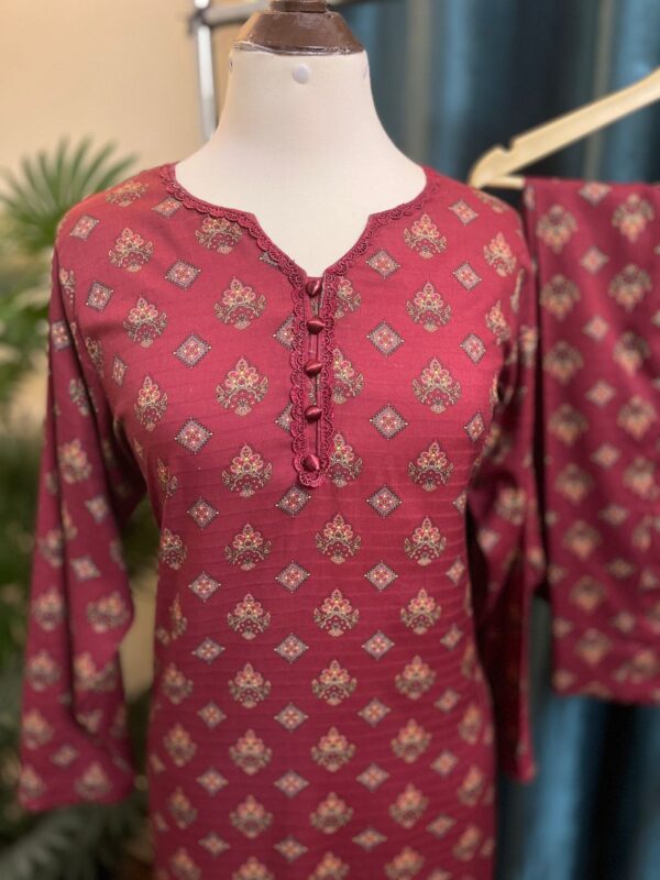 Deep Maroon Doria Lilan Stitched 2-Piece Winter Suit with Butti Print 2
