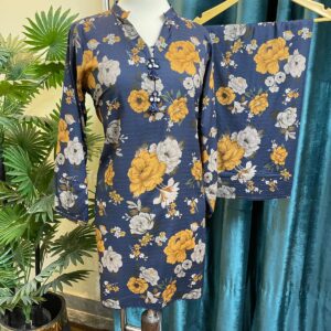 Deep Zinc Blue Doria Lilan Stitched 2-Piece Winter Suit with Floral Print & Lace Details