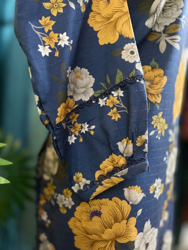 Deep Zinc Blue Doria Lilan Stitched 2-Piece Winter Suit with Floral Print & Lace Details 1