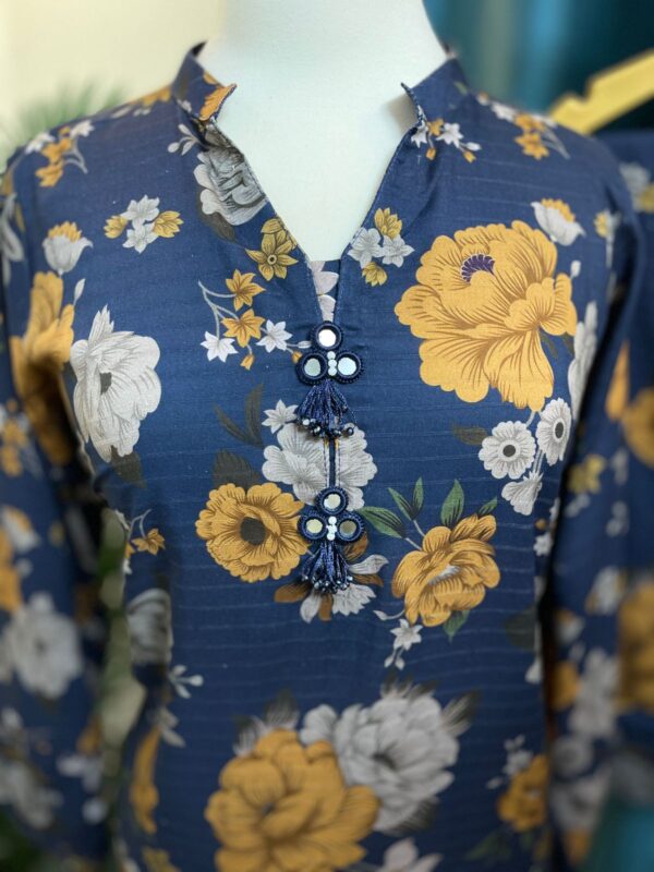 Deep Zinc Blue Doria Lilan Stitched 2-Piece Winter Suit with Floral Print & Lace Details 2