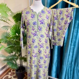 Deep Olive Green Marina Stitched 2-Piece Winter Suit with Plum Floral & Lace Details