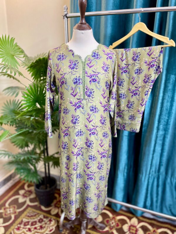 Deep Olive Green Marina Stitched 2-Piece Winter Suit with Plum Floral & Lace Details