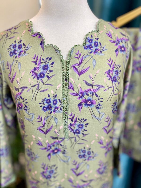 Deep Olive Green Marina Stitched 2-Piece Winter Suit with Plum Floral & Lace Details 2