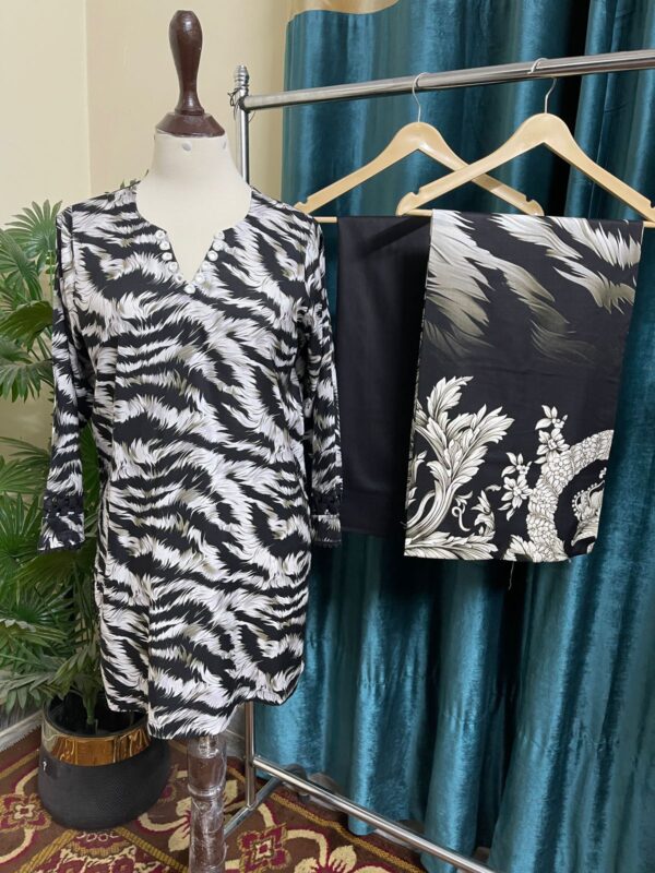 Black & White Zebra Print Lilan Stitched 3-Piece Suit with Floral Dupatta