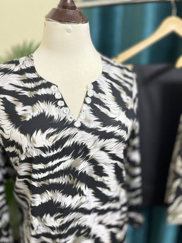 Black & White Zebra Print Lilan Stitched 3-Piece Suit with Floral Dupatta 1