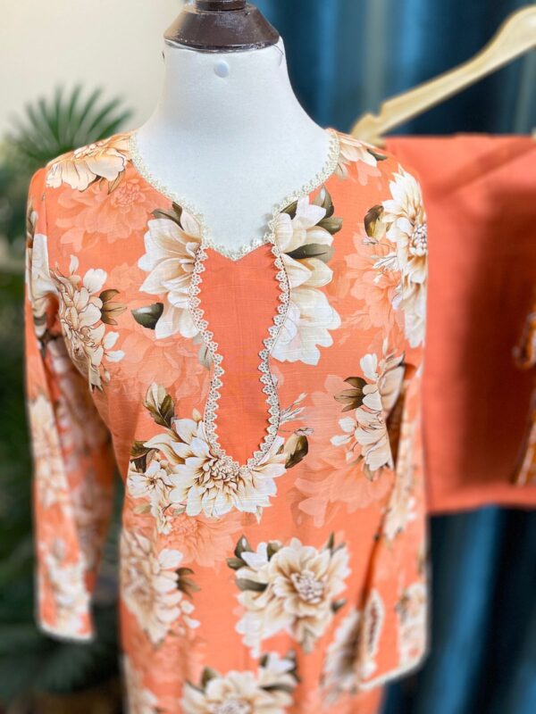 Soft Peach Khaddar Stitched 3-Piece Suit with Beige Bold Floral & Digital Dupatta with Lace Details 2