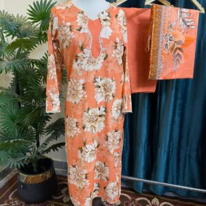 Soft Peach Khaddar Stitched 3-Piece Suit with Beige Bold Floral & Digital Dupatta with Lace Details