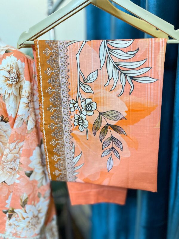 Soft Peach Khaddar Stitched 3-Piece Suit with Beige Bold Floral & Digital Dupatta with Lace Details 3