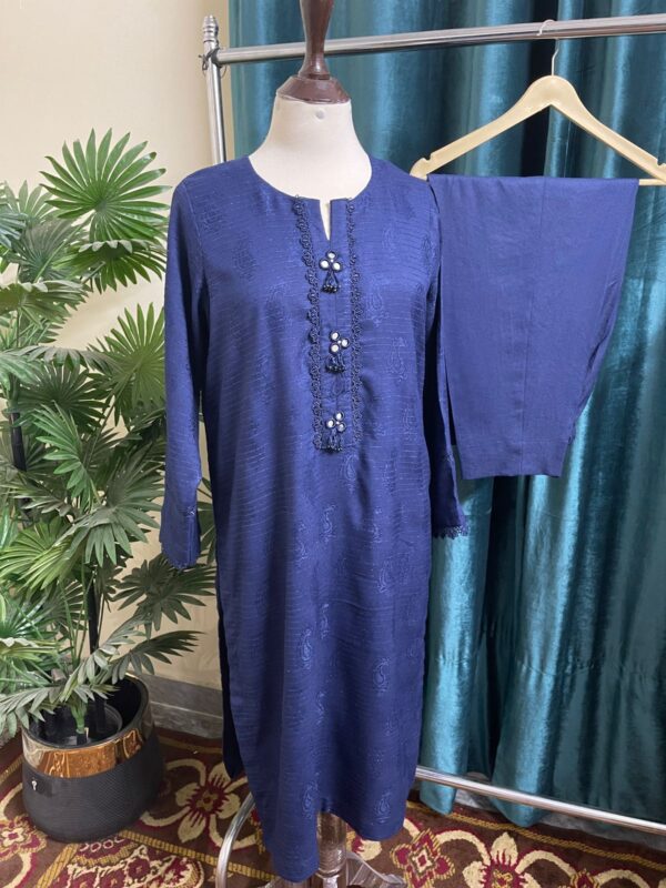 Blue Doria Lilan Stitched 2-Piece Winter Suit with Lace Details