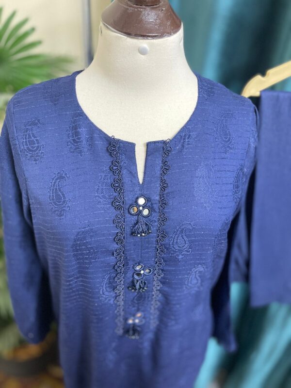 Blue Doria Lilan Stitched 2-Piece Winter Suit with Lace Details 1