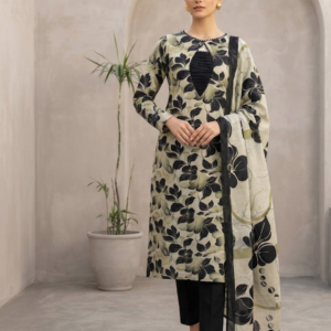 Black & Beige Khaddar Stitched 3-Piece Suit with Digital Dupatta & Lace Details