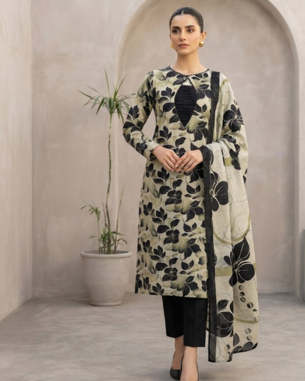 Black & Beige Khaddar Stitched 3-Piece Suit with Digital Dupatta & Lace Details