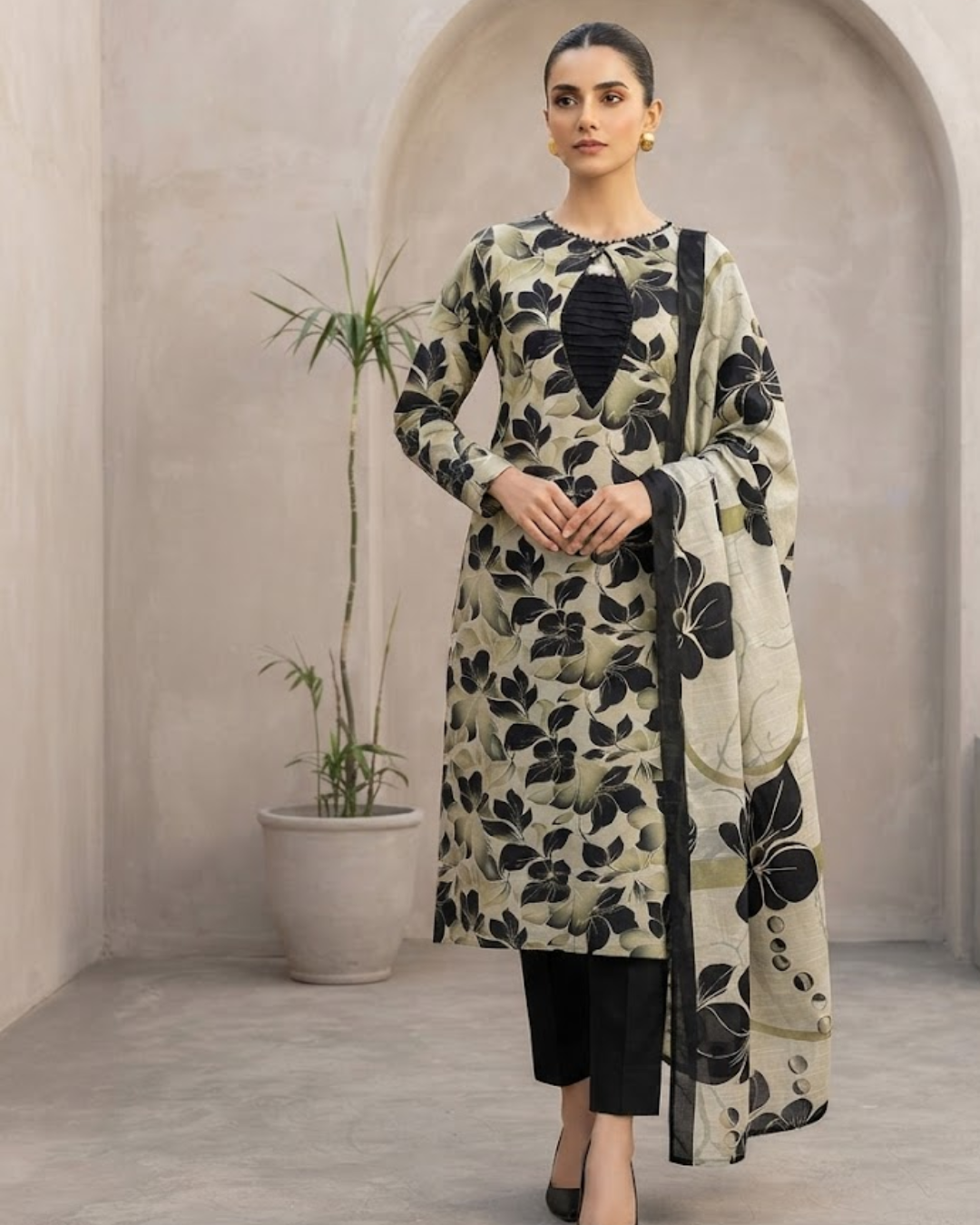 Black & Beige Khaddar Stitched 3-Piece Suit with Digital Dupatta & Lace Details