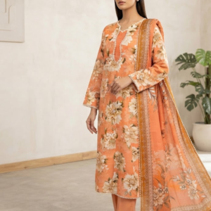 Soft Peach Khaddar Stitched 3-Piece Suit with Beige Bold Floral & Digital Dupatta with Lace Details