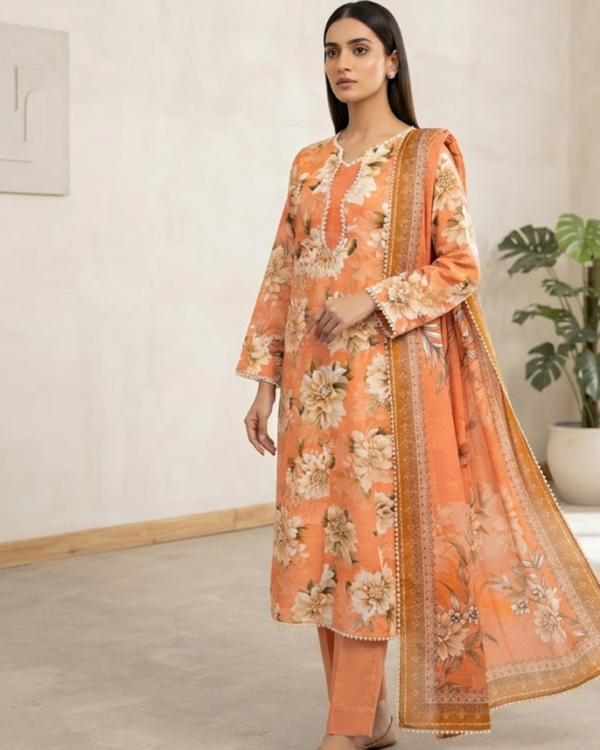 Soft Peach Khaddar Stitched 3-Piece Suit with Beige Bold Floral & Digital Dupatta with Lace Details