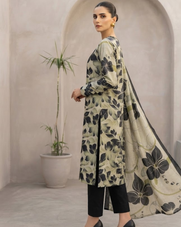 Black & Beige Khaddar Stitched 3-Piece Suit with Digital Dupatta & Lace Details