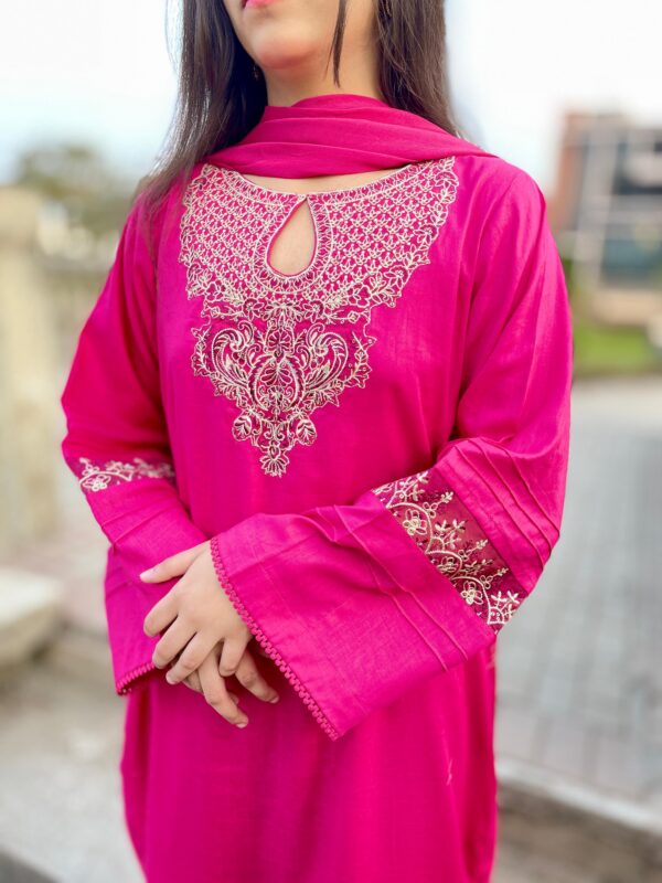 Shocking Pink Premium Lawn Stitched 3 Piece Suit