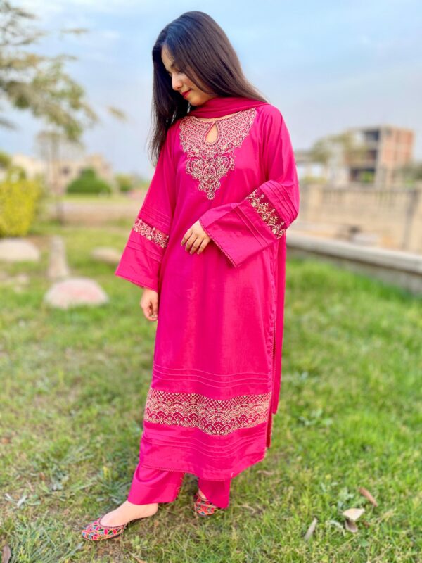 Shocking Pink Premium Lawn Stitched 3 Piece Suit