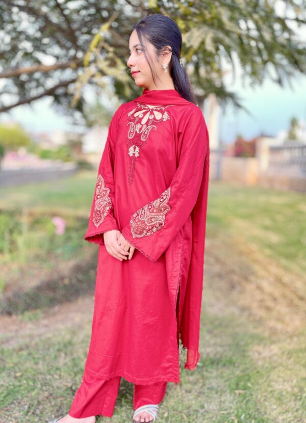Deep Red Premium Lawn Stitched 3 Piece Suit 1