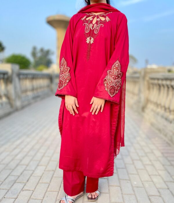 Deep Red Premium Lawn Stitched 3 Piece Suit 2