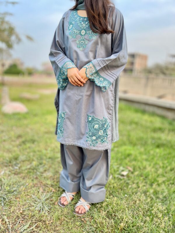 Gray Premium Lawn Stitched 3 Piece Suit 3