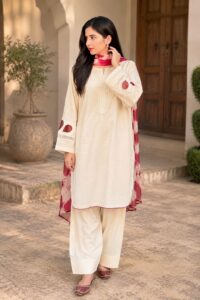 Beige & Maroon Premium Lawn Stitched 3-Piece Suit with Detailed Sleeve Work & Tie-Dye Chiffon Dupatta