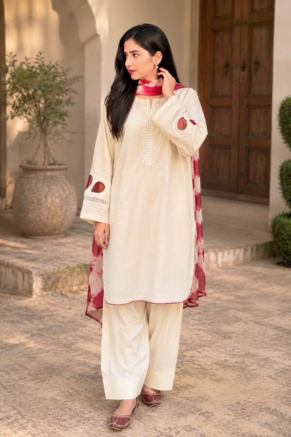 Beige & Maroon Premium Lawn Stitched 3-Piece Suit with Detailed Sleeve Work & Tie-Dye Chiffon Dupatta