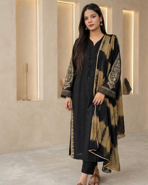 Black Lawn Stitched 3-Piece Suit with Embroidered Shirt & Tie-Dye Chiffon Dupatta