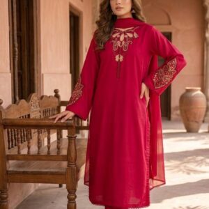 Deep Red Premium Lawn Stitched 3-Piece Suit with Embroidery & Dyed Chiffon Dupatta