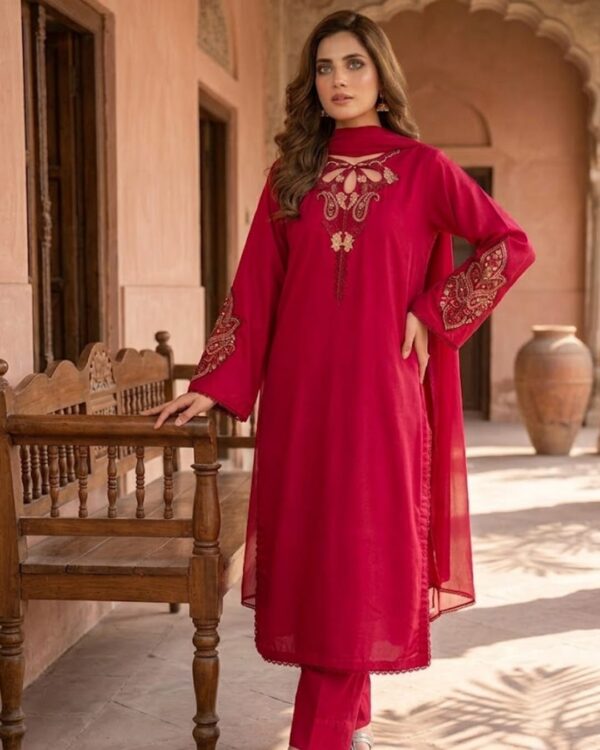 Deep Red Premium Lawn Stitched 3-Piece Suit with Embroidery & Dyed Chiffon Dupatta