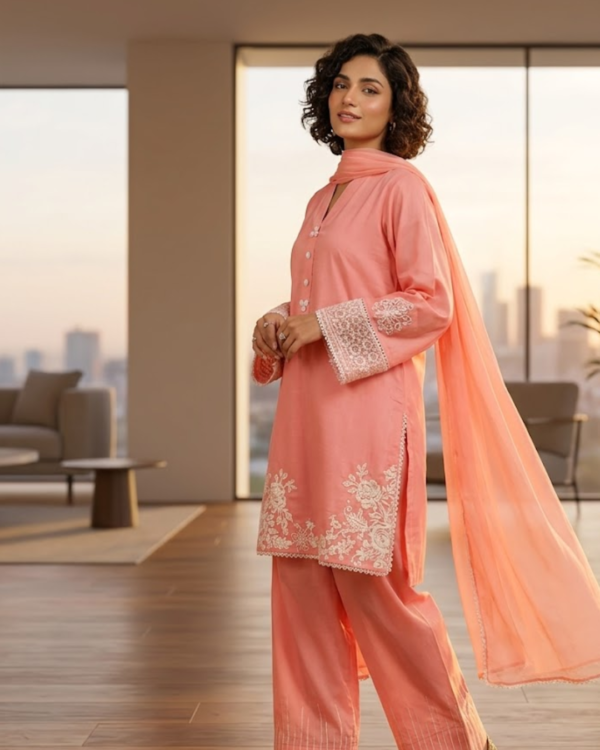 EID SPECIAL Peach Pink Lawn Stitched 3-Piece Suit with Embroidered Shirt & Farshi Shalwar