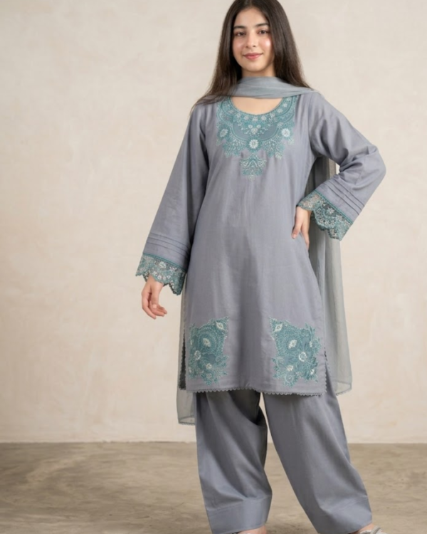 Gray Premium Lawn Stitched 3-Piece Suit with Embroidery & Dyed Chiffon Dupatta