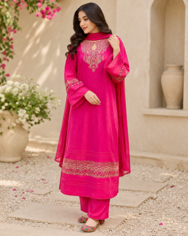 Shocking Pink Premium Lawn Stitched 3 Piece Suit